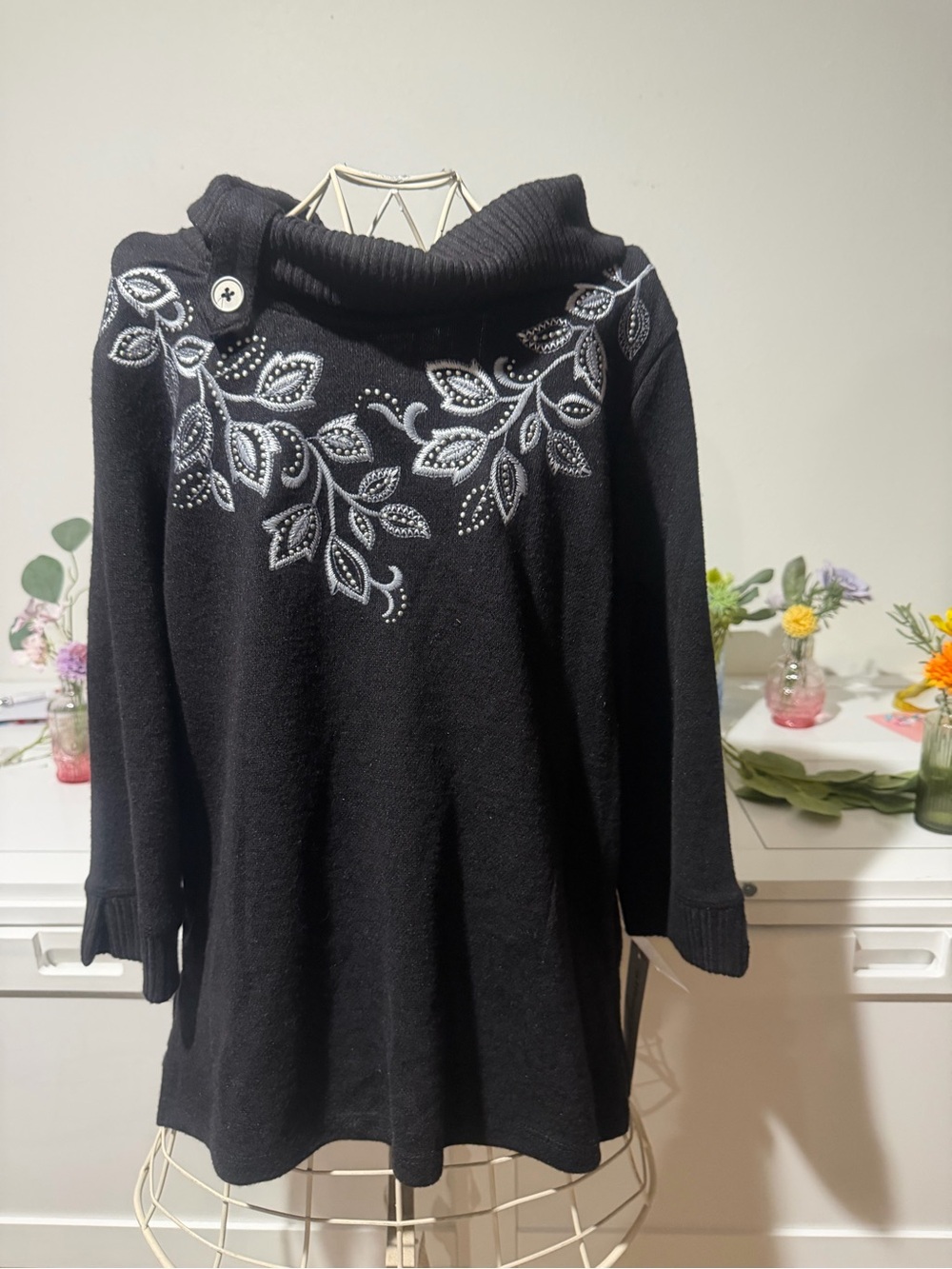 Alfred Dunner Black Cowl Neck Sweater with White Leaf Embroidery